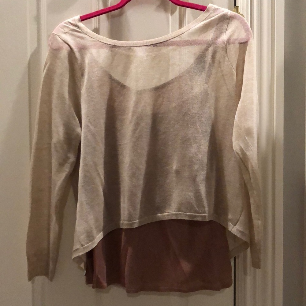 Sheer Cowl Back Sweater with Attached Rose Tank